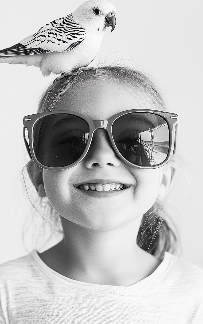 Happy girl in sunglasses with parakeet on head