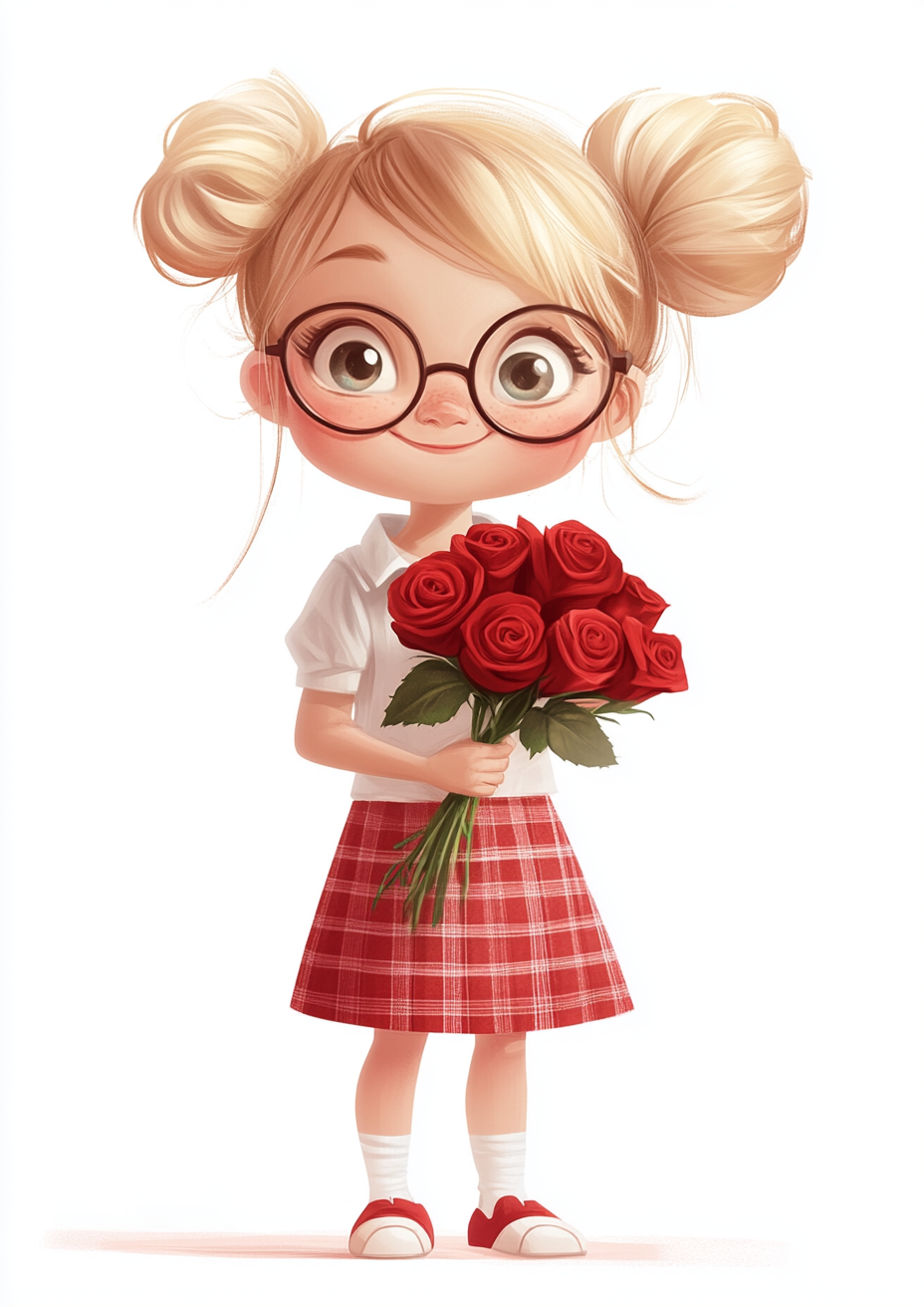 Happy girl with glasses and red roses illustration.