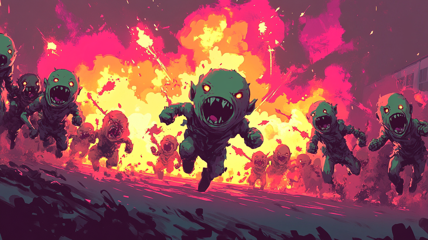 Happy goblins charging into war with explosions and humor.