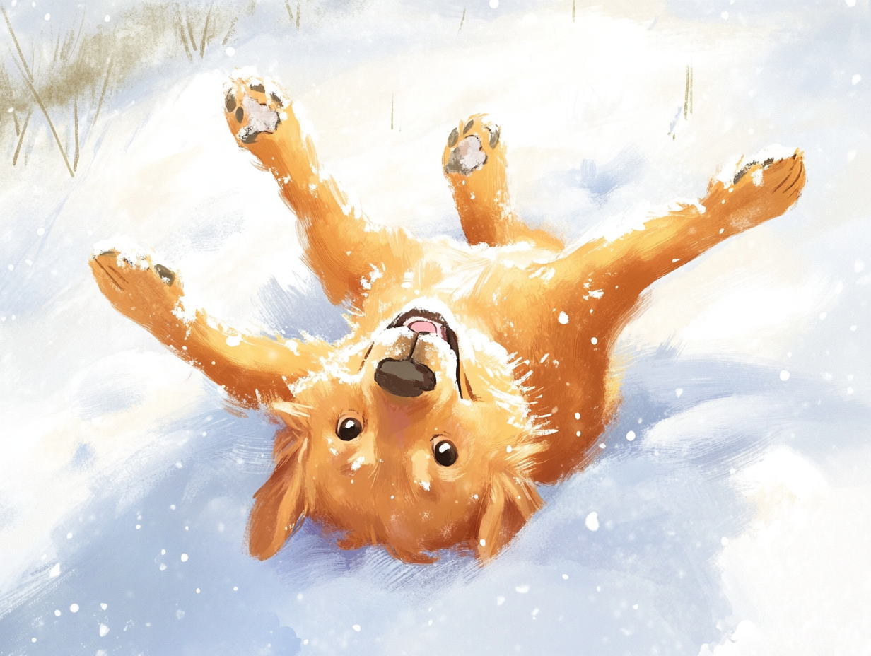 Happy golden retriever playing in snowy Christmas scene.