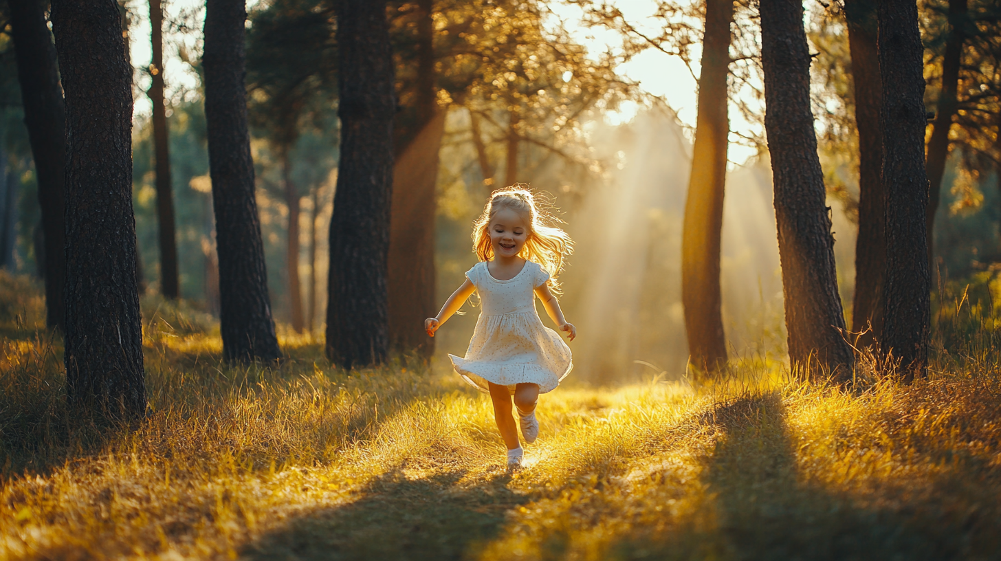 Happy kid girl playing in forest with pine trees.