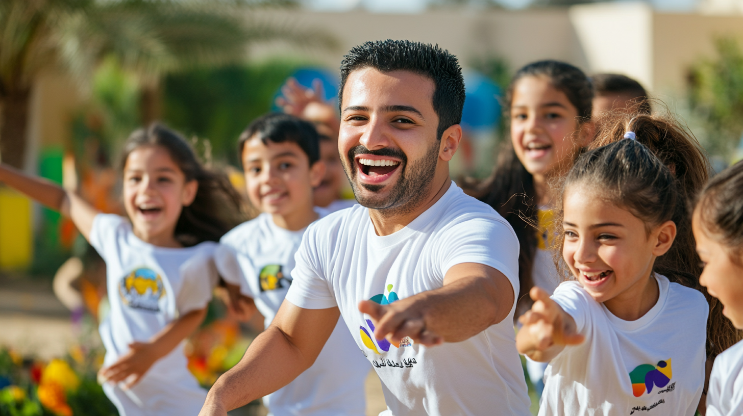 Happy kids and instructors at school fitness event.