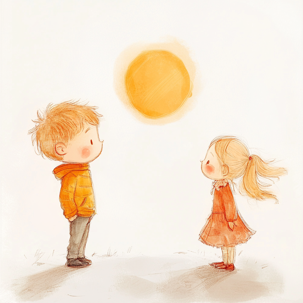 Happy kids watching sunset in minimalistic drawing style