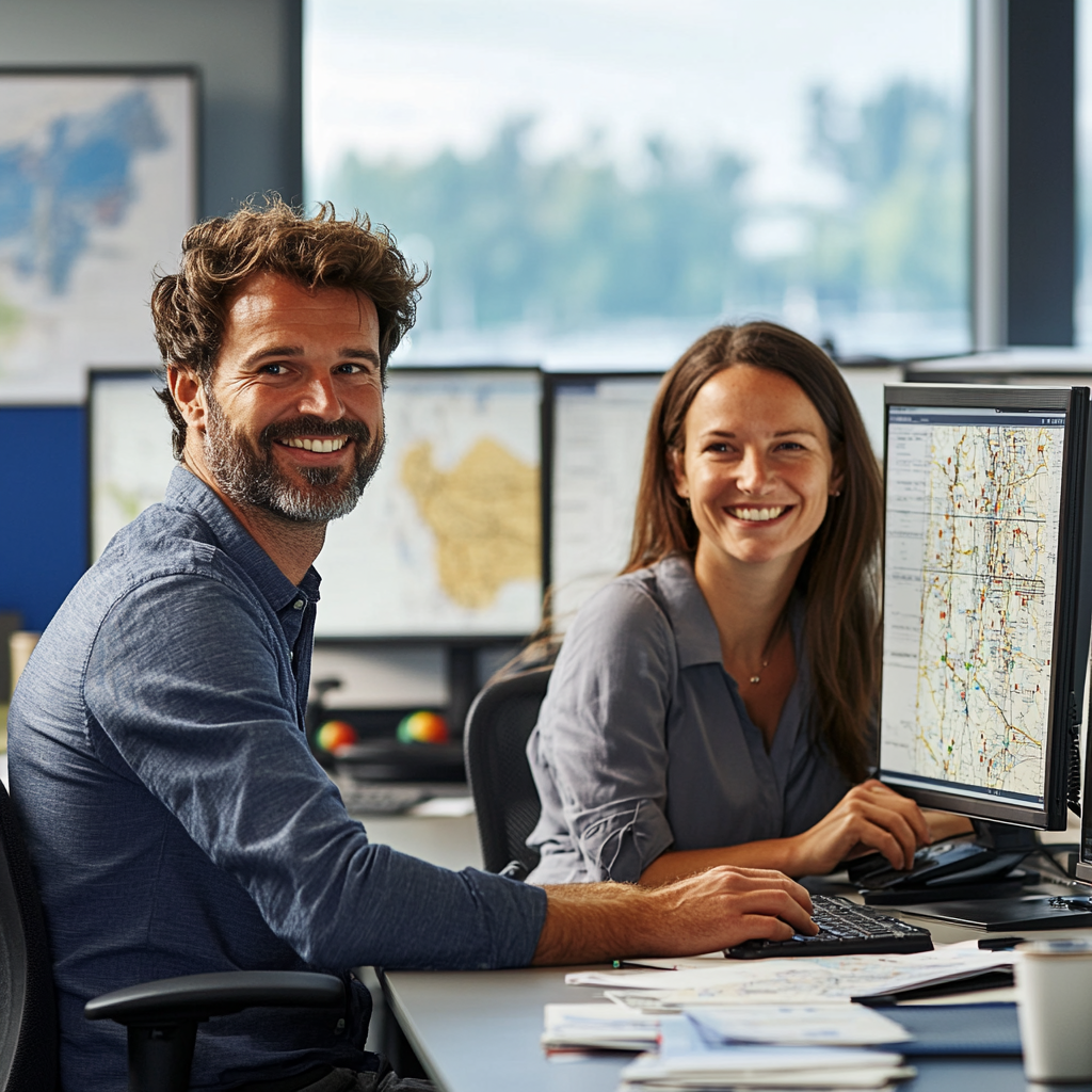 Happy logistics dispatchers working in modern office.