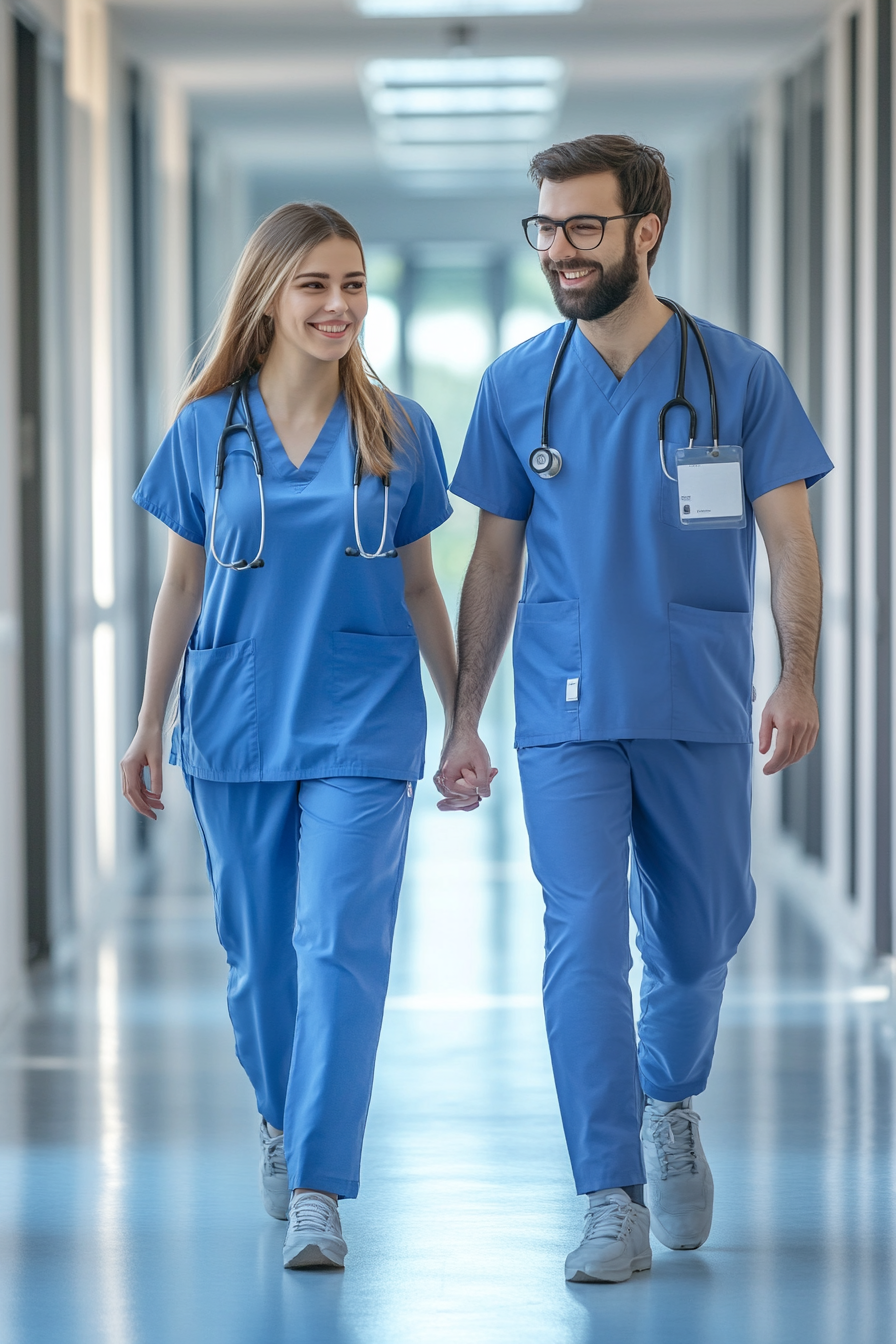 Happy male and female nurses in hospital corridor