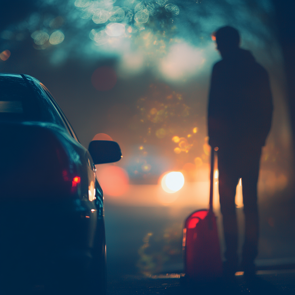 Happy man by car with red vacuum cleaner.