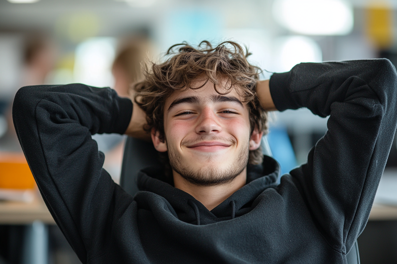 Happy man in office, Nikon D850, photojournalistic style.