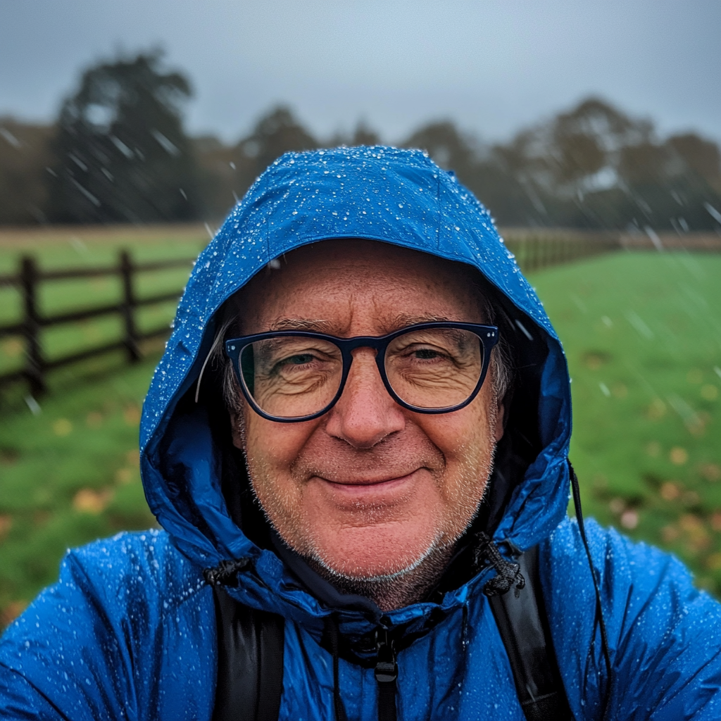 Happy man in raincoat in English countryside.