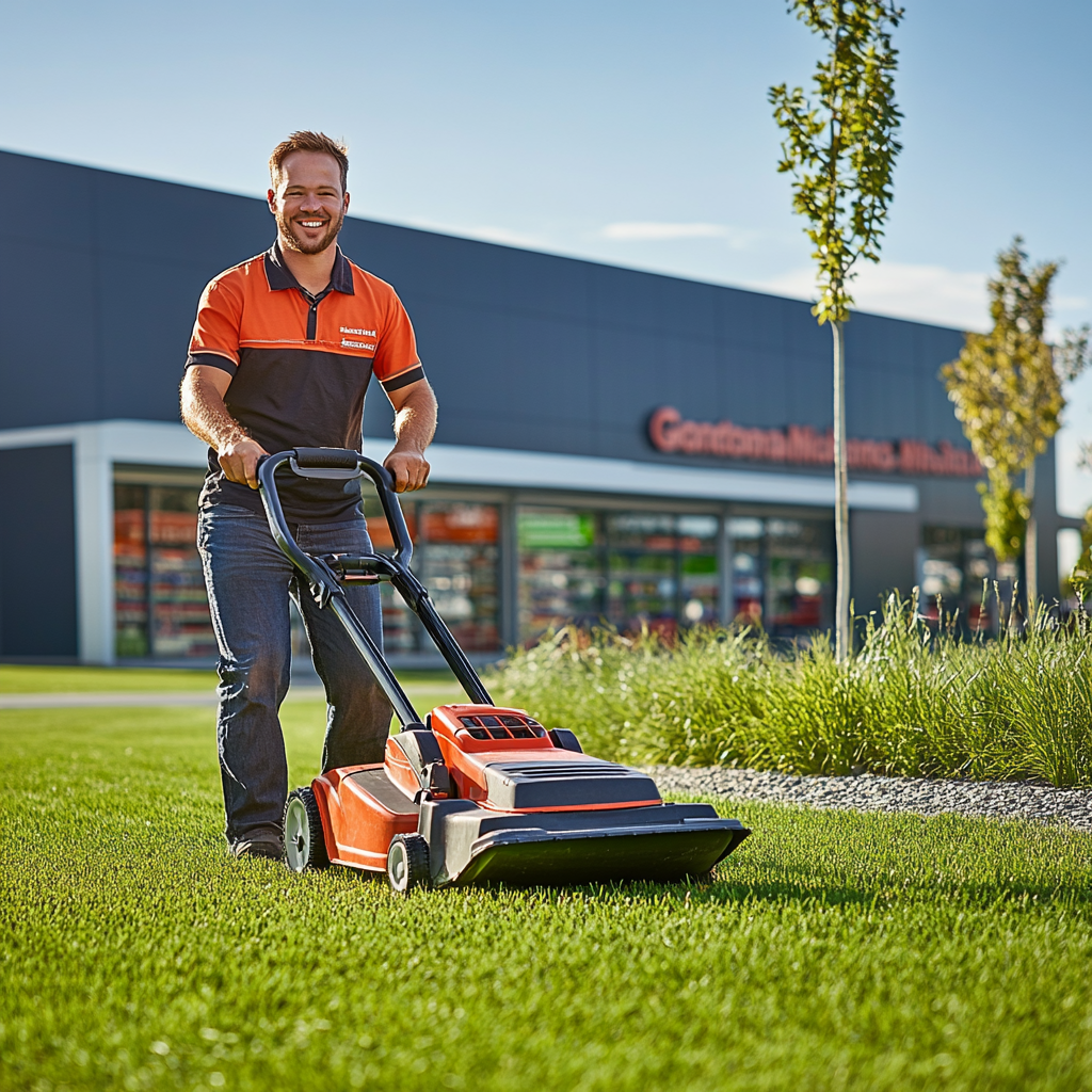 Happy man mowing lawn outside busy supermarket