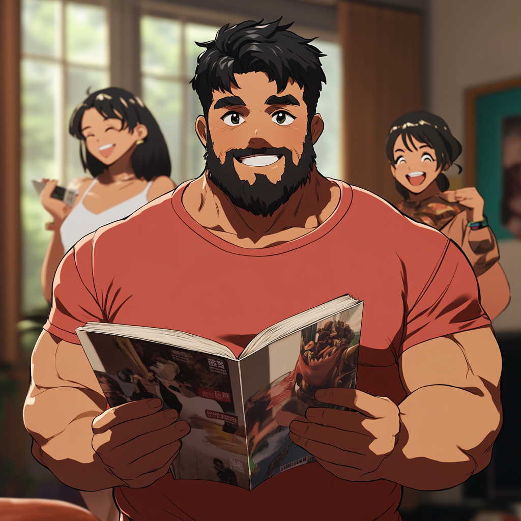 Happy man reading magazine with anime-style friends