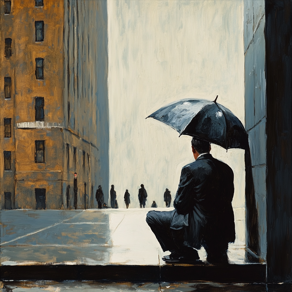 Happy man under umbrella in crowded cityscape by Hopper.