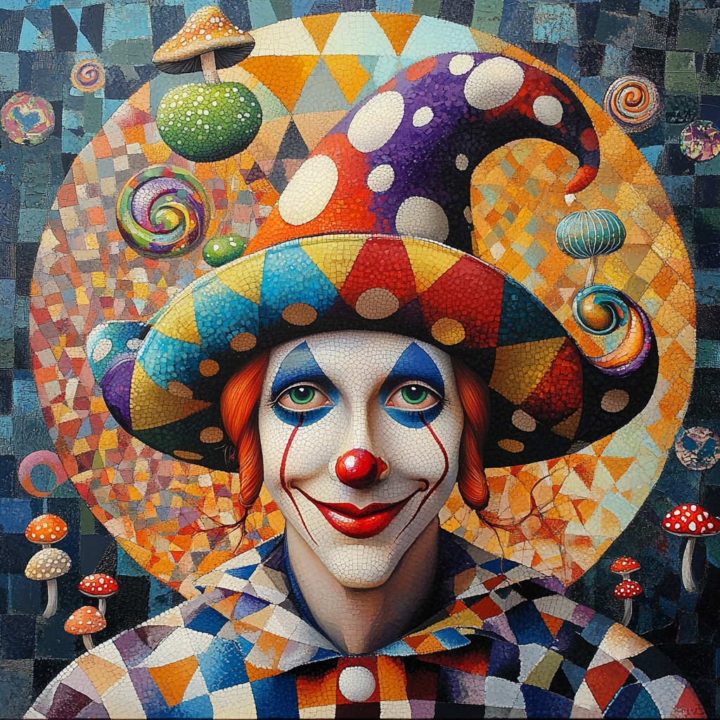 Happy mechanical jester face spins circles, geometric patterns colorful.