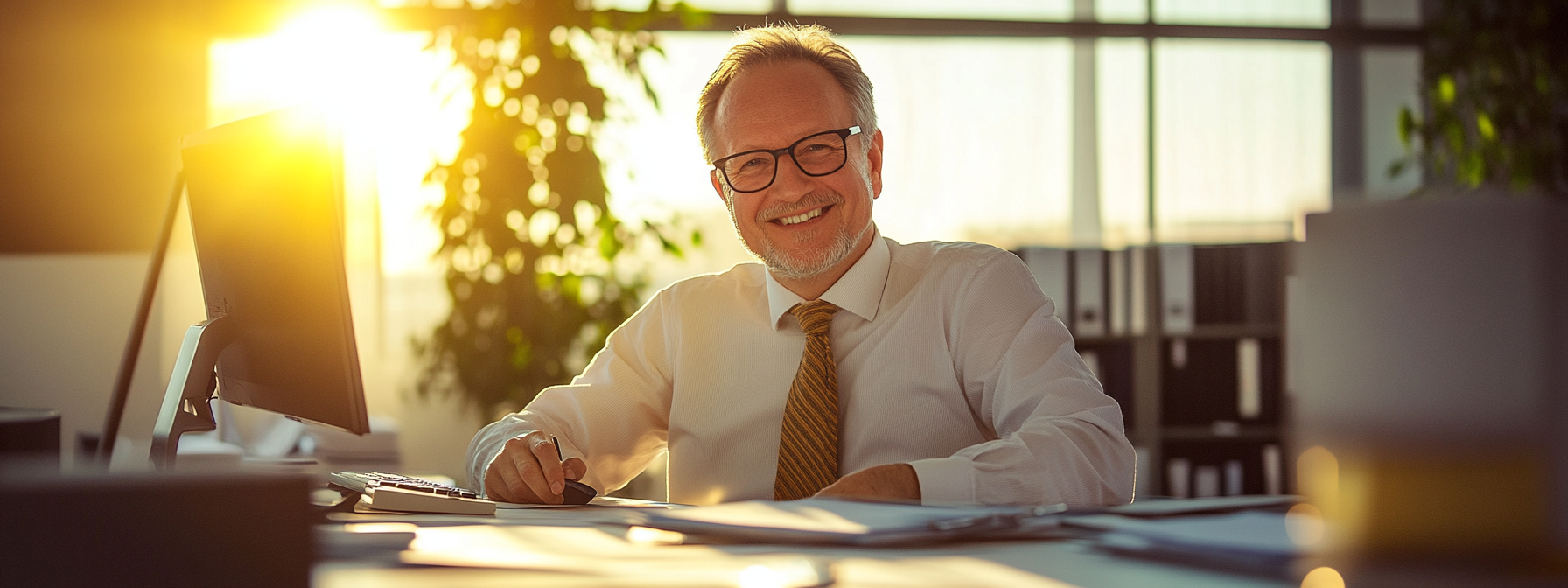 Happy middle-aged male boss in sunny office workspace.