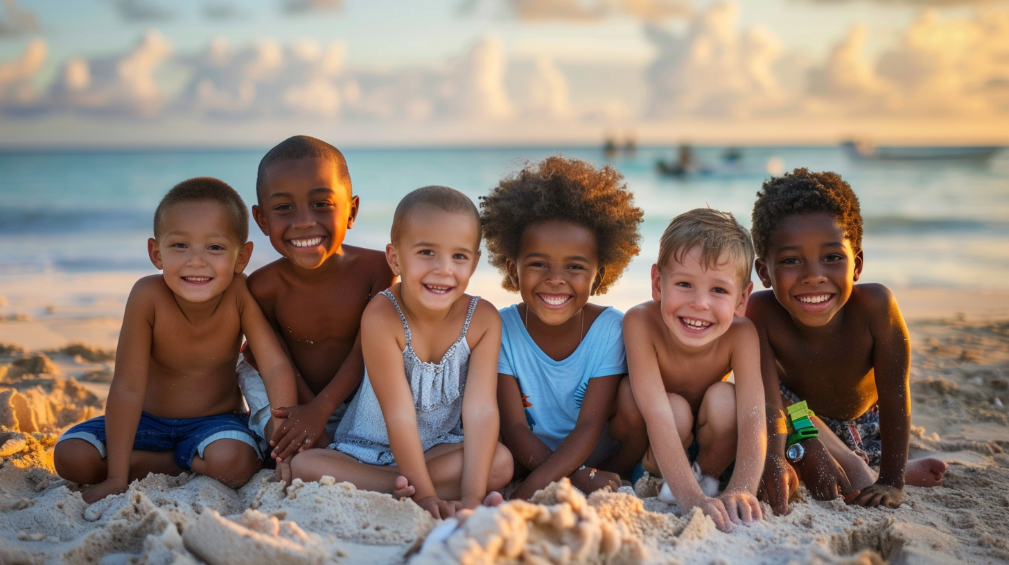 Happy multiracial children on beach at dusk, Bahamas resort.