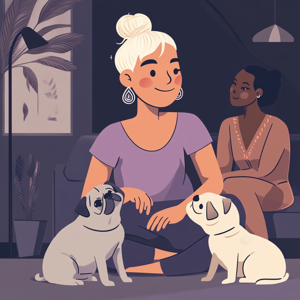 Happy non-binary individual playing with pugs in cozy setting.