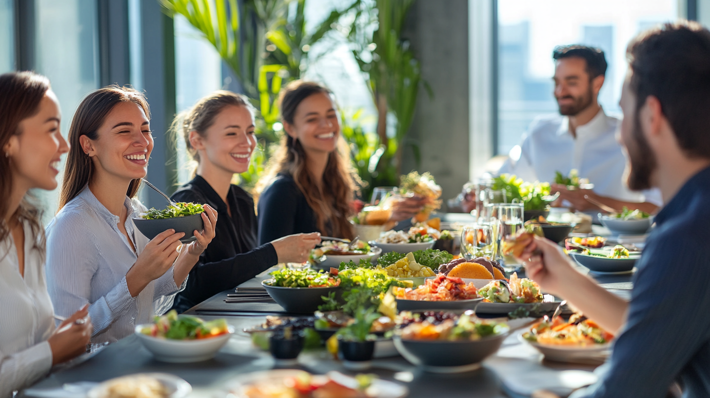 Happy office workers enjoying healthy meals in bright setting.