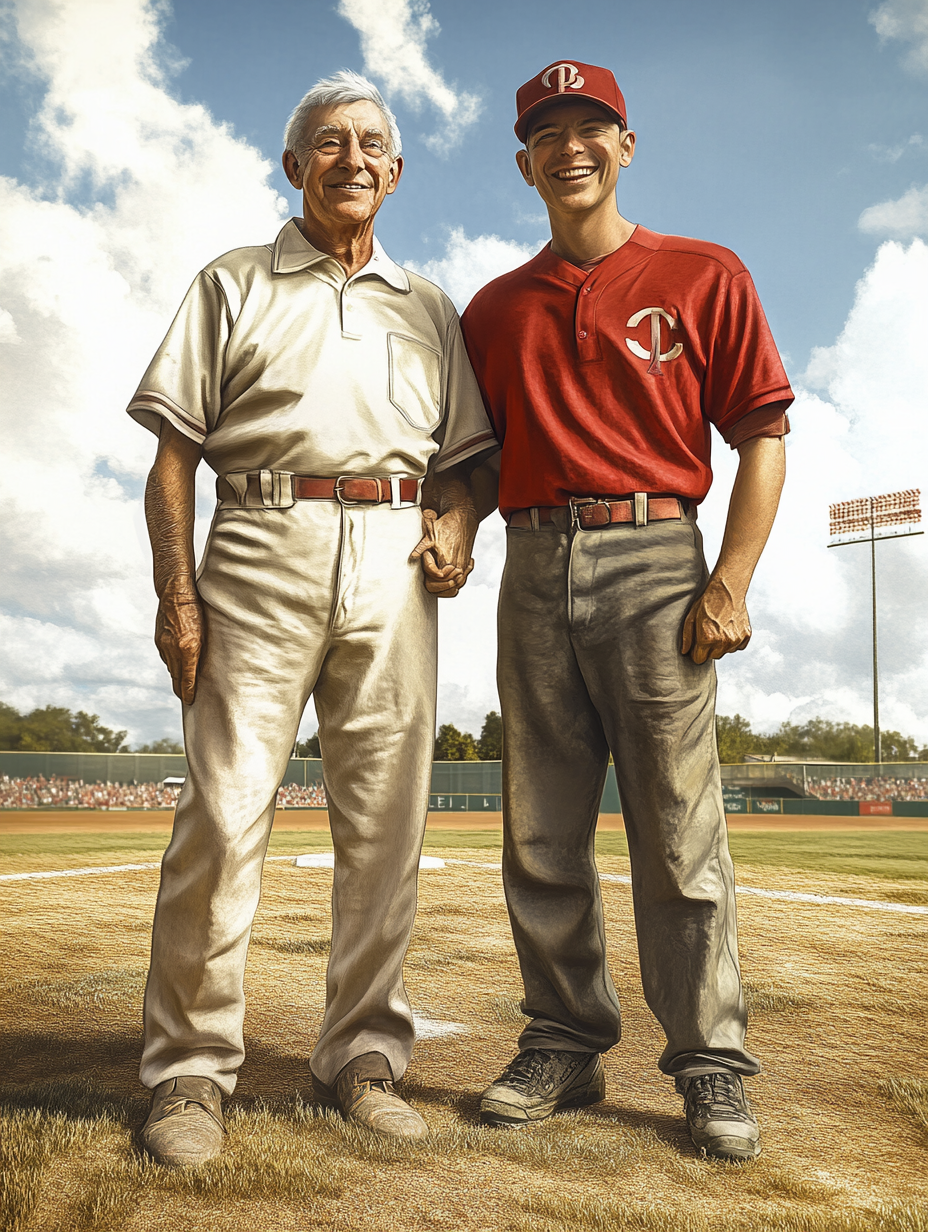 Happy older man and young baseball player