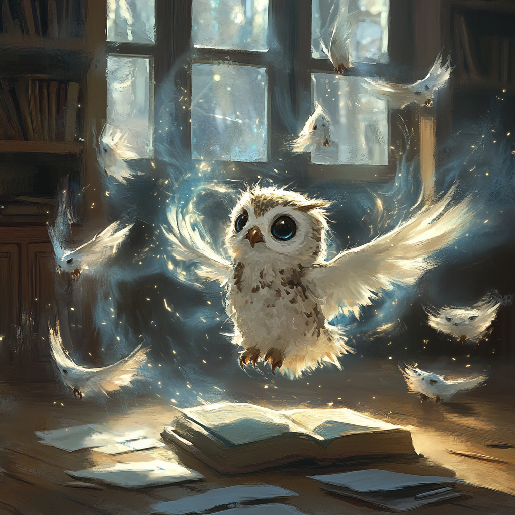 Happy owlin wizard casting big spell in classroom, ethereal owls floating.