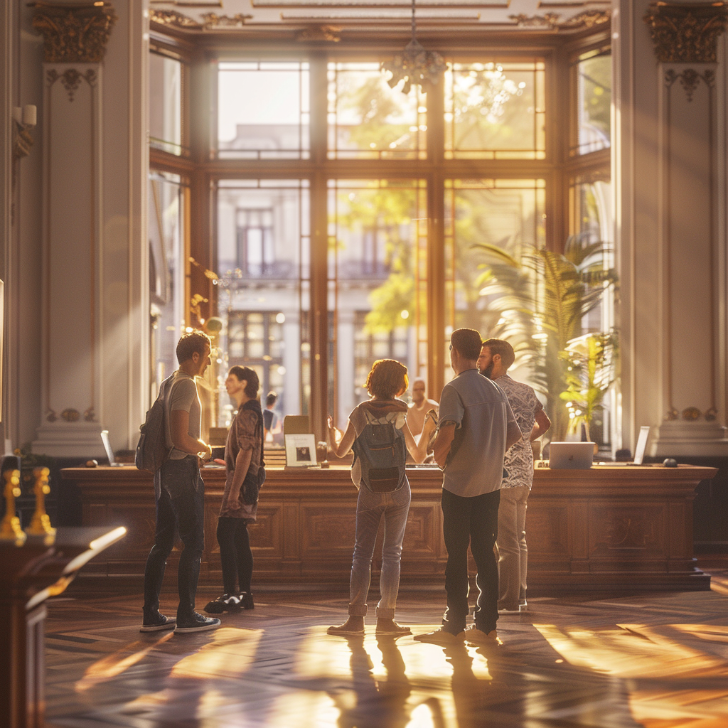 Happy people working in Spanish museum, photorealistic 4K photo