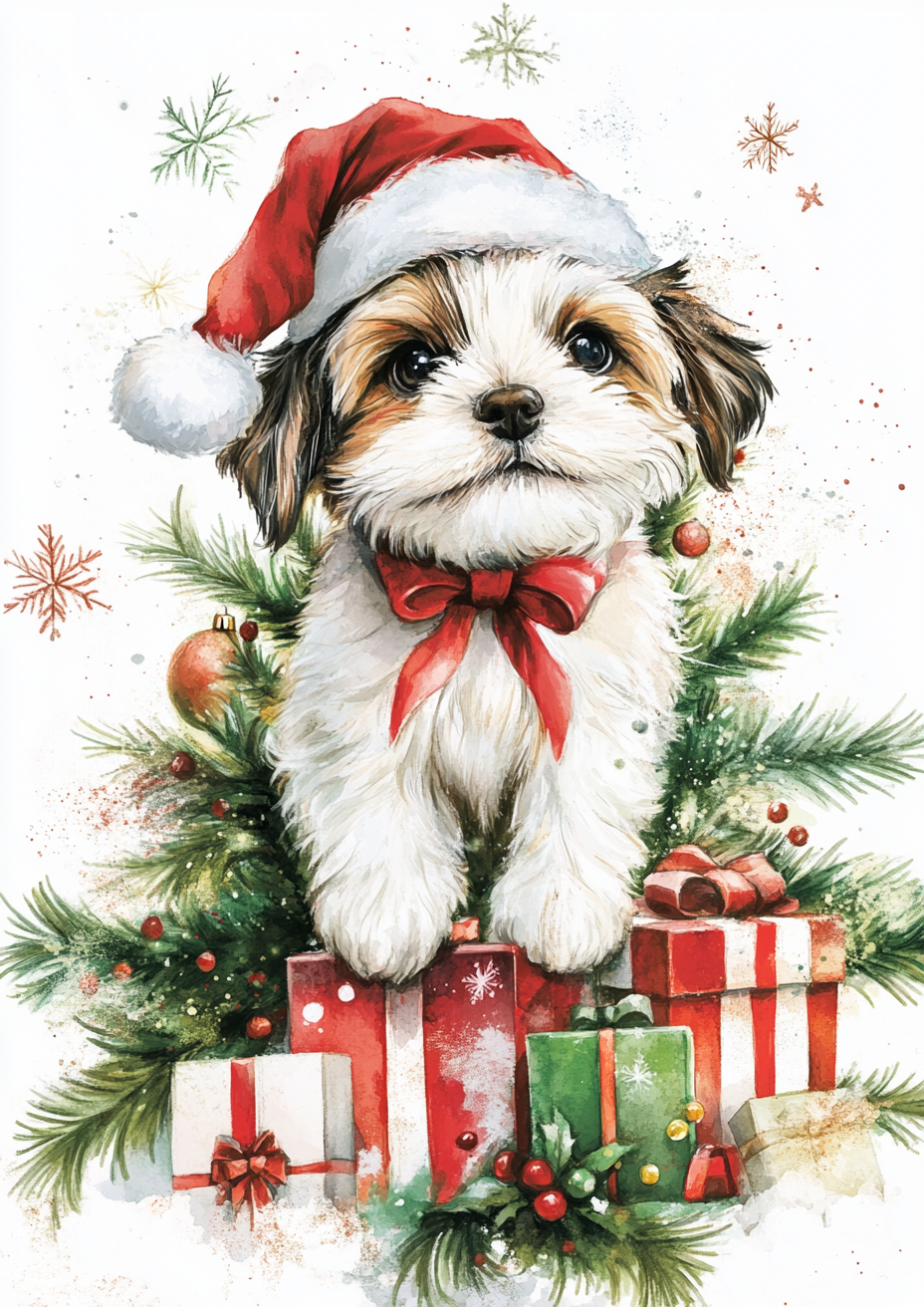 Happy puppies in Santa hats on Christmas card