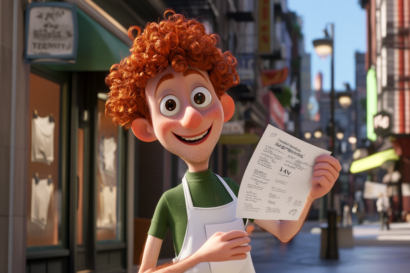 Happy red-haired cartoon character hands out flyers