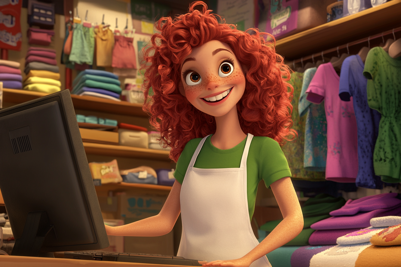 Happy red-haired cartoon clerk in clothing store