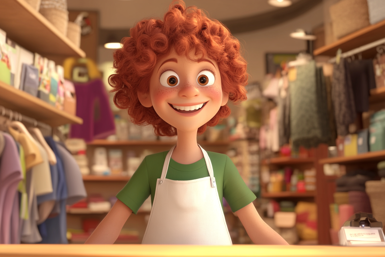 Happy red-haired cartoon lady in clothing store