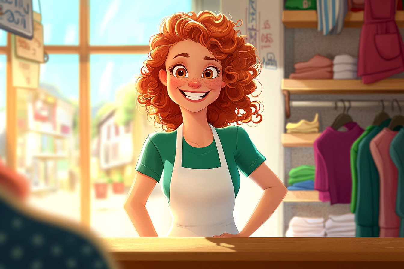 Happy red-haired shopkeeper with clothes and customers