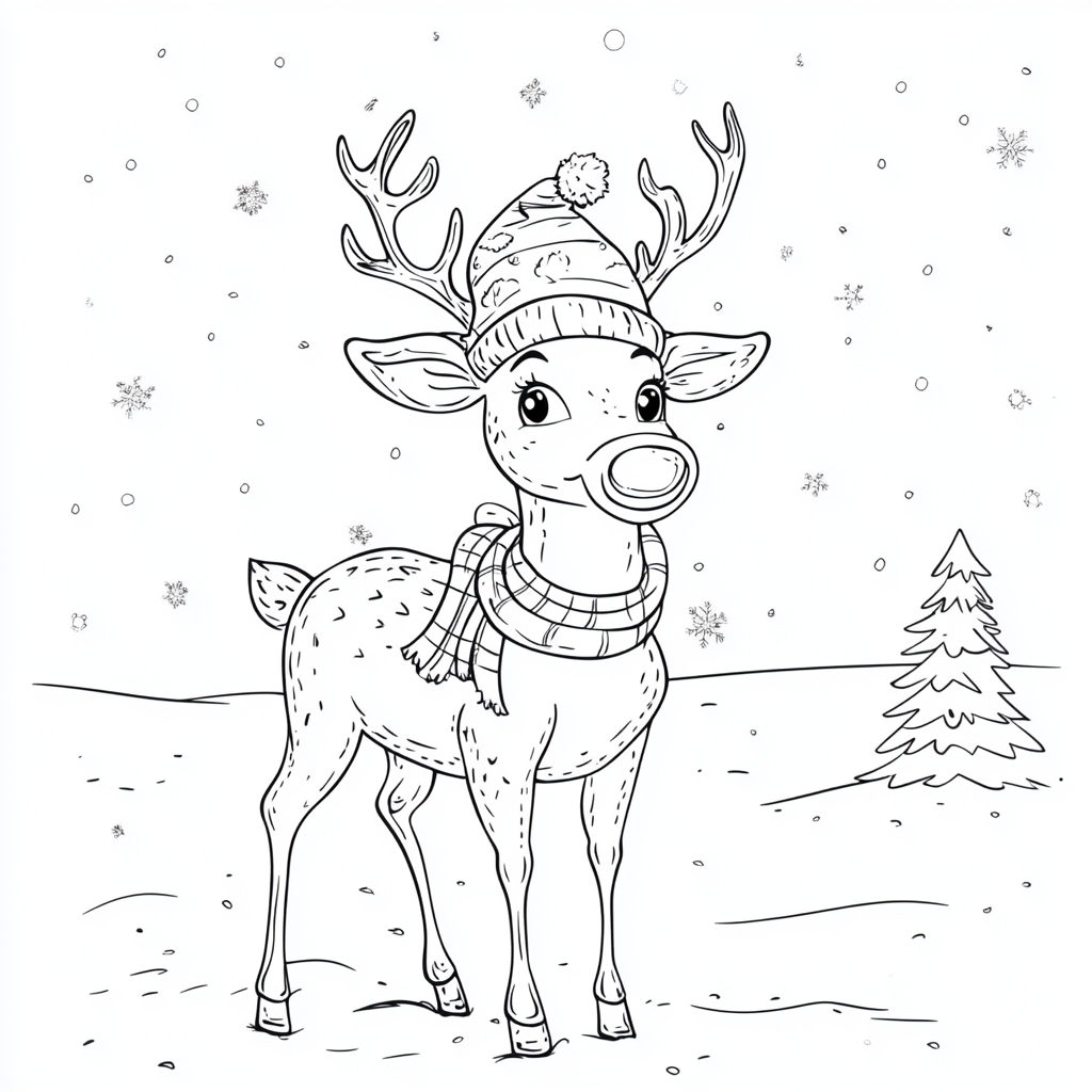 Happy reindeer in Christmas attire standing in field