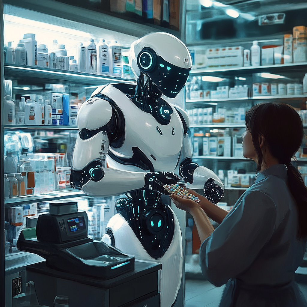 Happy robot and patient; stressed human pharmacist and furious patient.