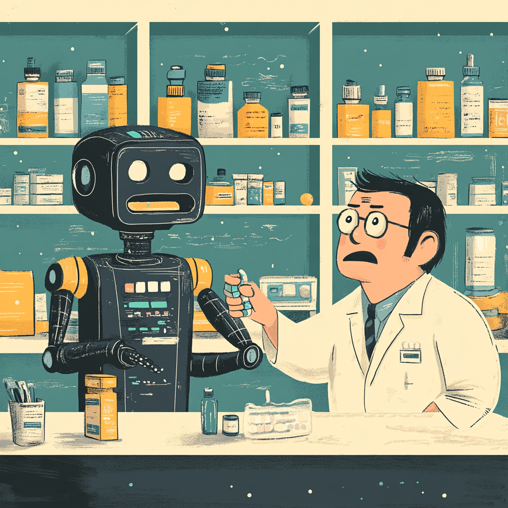 Happy robot pharmacist helping happy patient, unhappy human pharmacist.