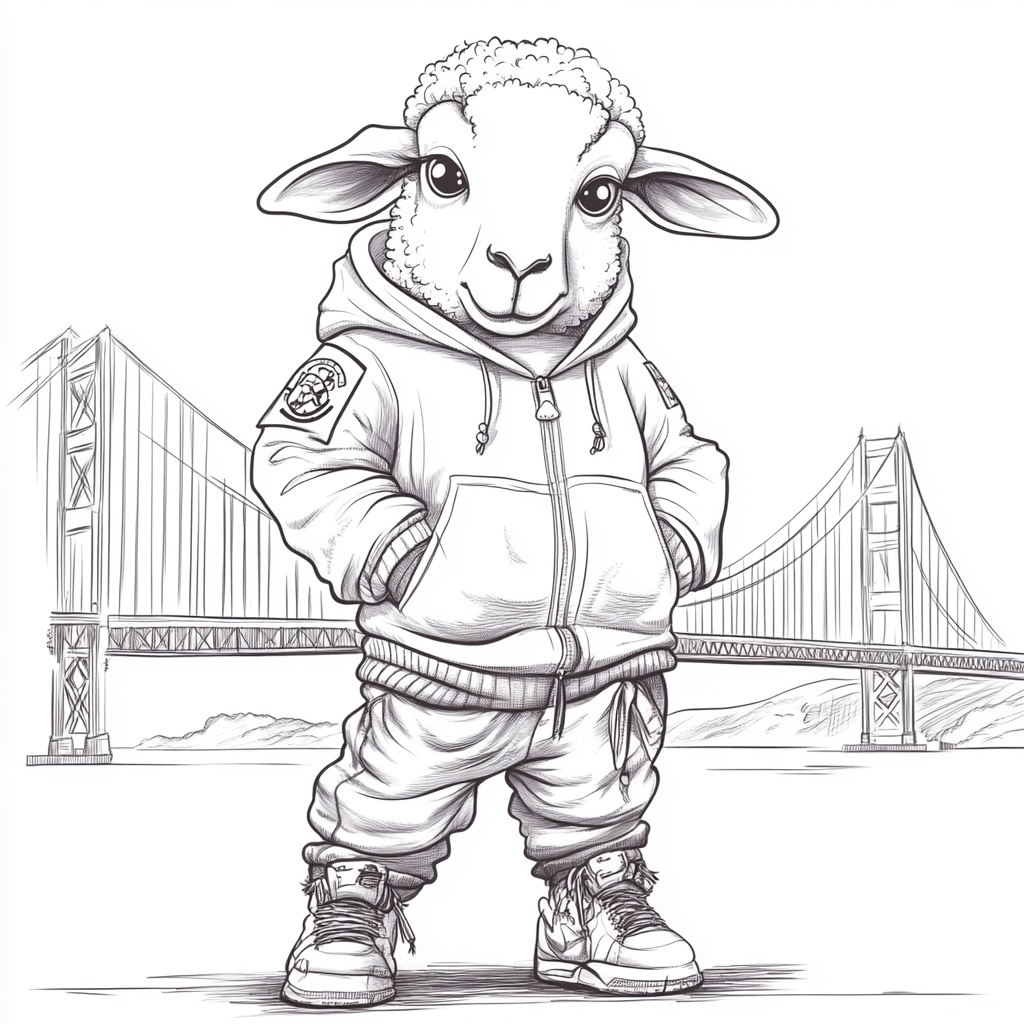 Happy sheep dressed as hip hop dancer, Golden Gate Bridge background