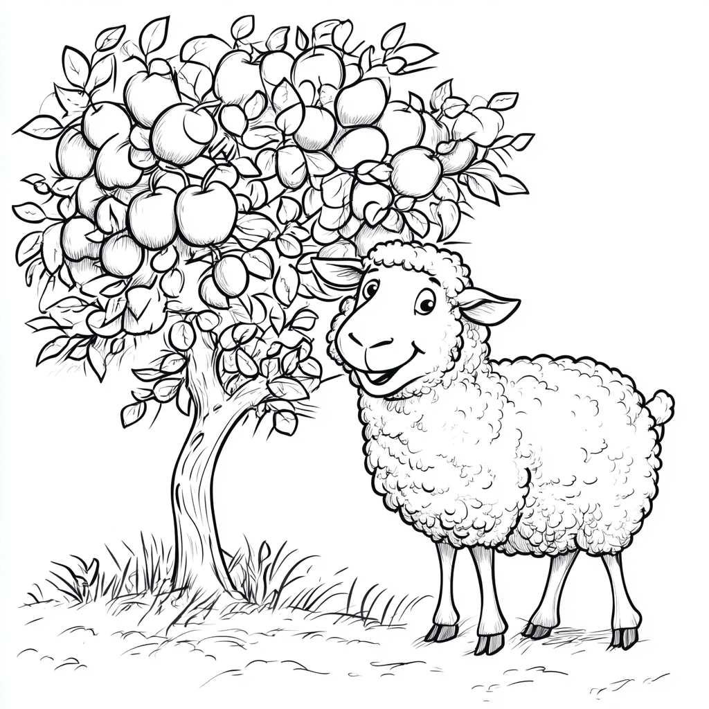 Happy sheep in Disney style, tree, black and white.