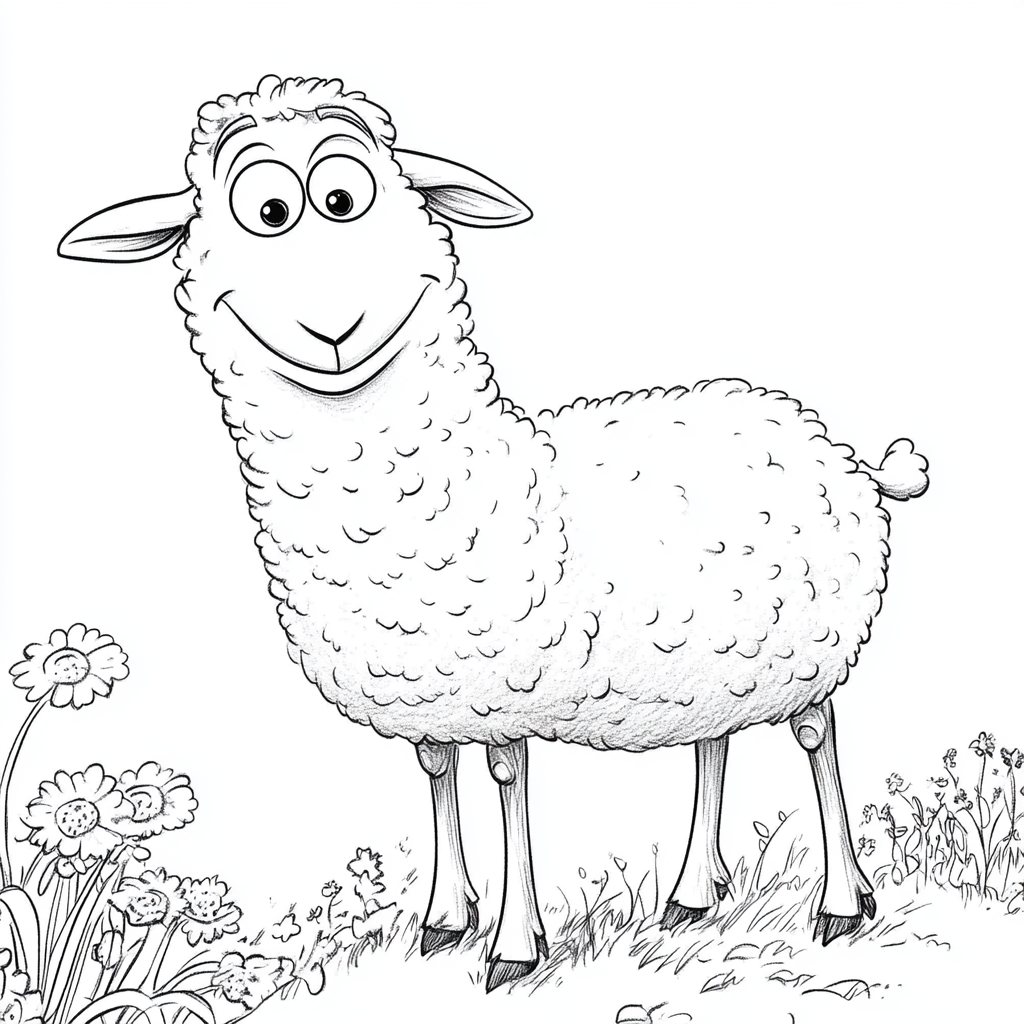 Happy sheep in garden with pepper wutz, ready to color.