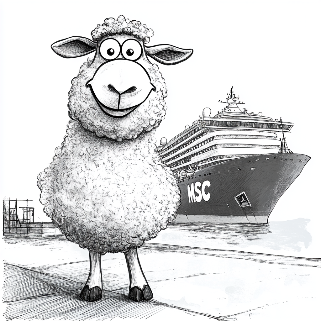 Happy sheep mascot in front of MSC ship.