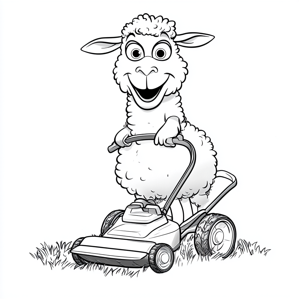 Happy sheep mowing lawn in Disney cartoon style.