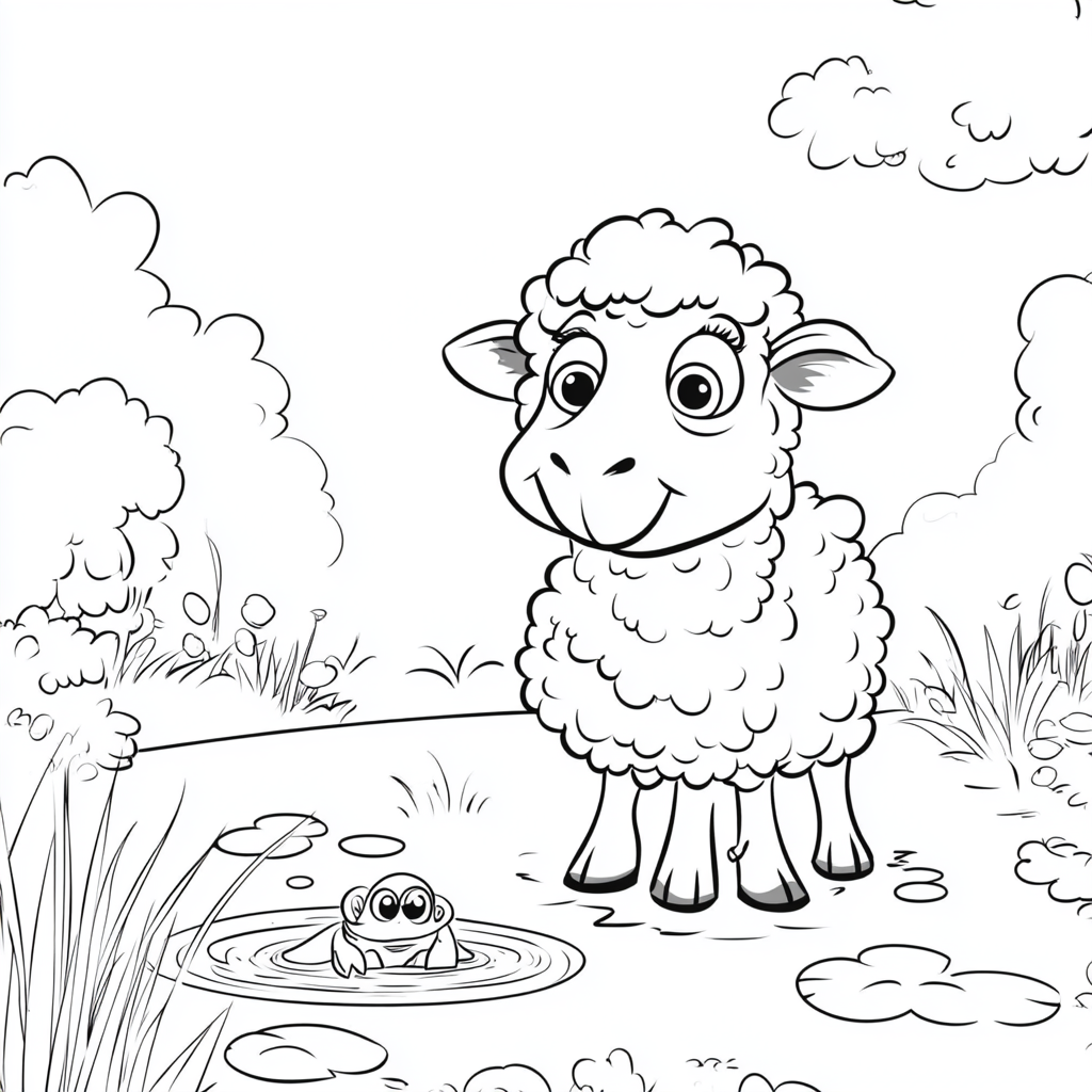 Happy sheep sees frog in garden pond, Disney style.