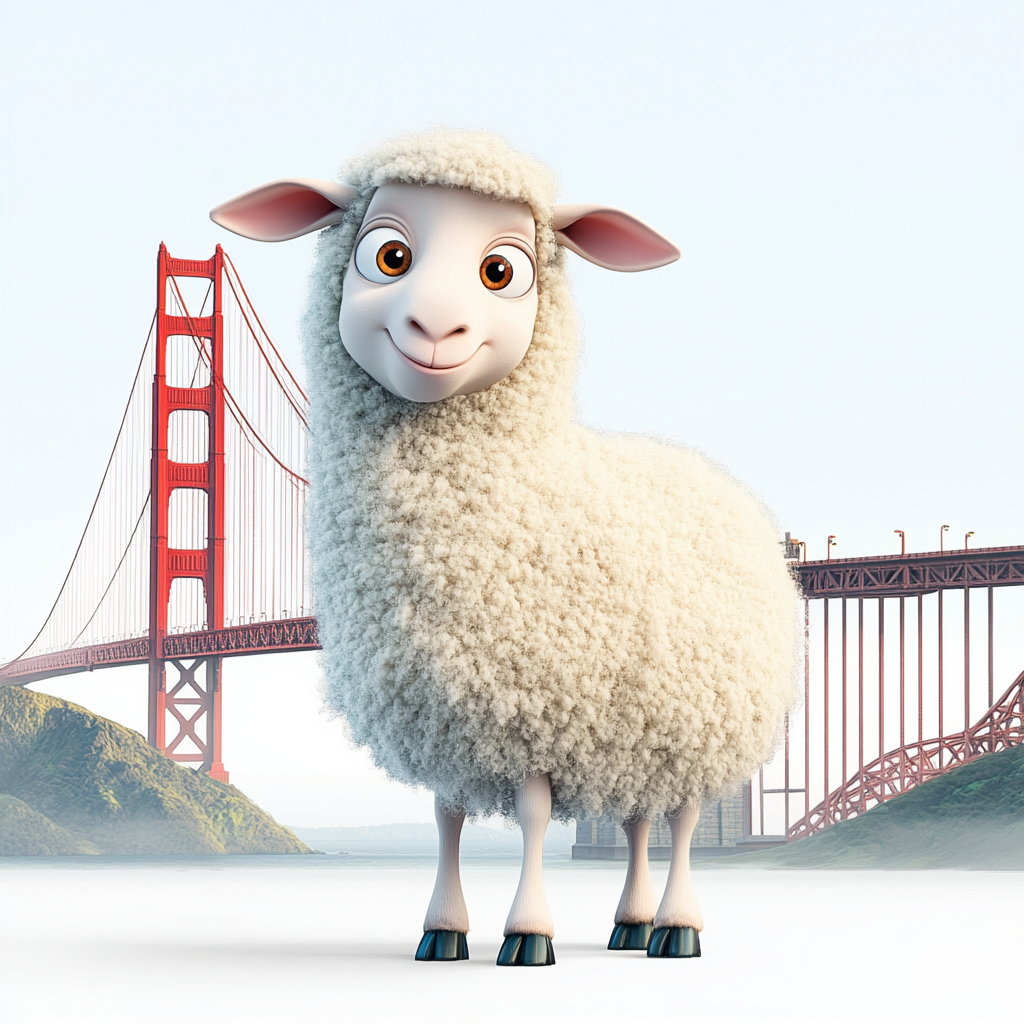 Happy sheep standing in front of Golden Gate Bridge.