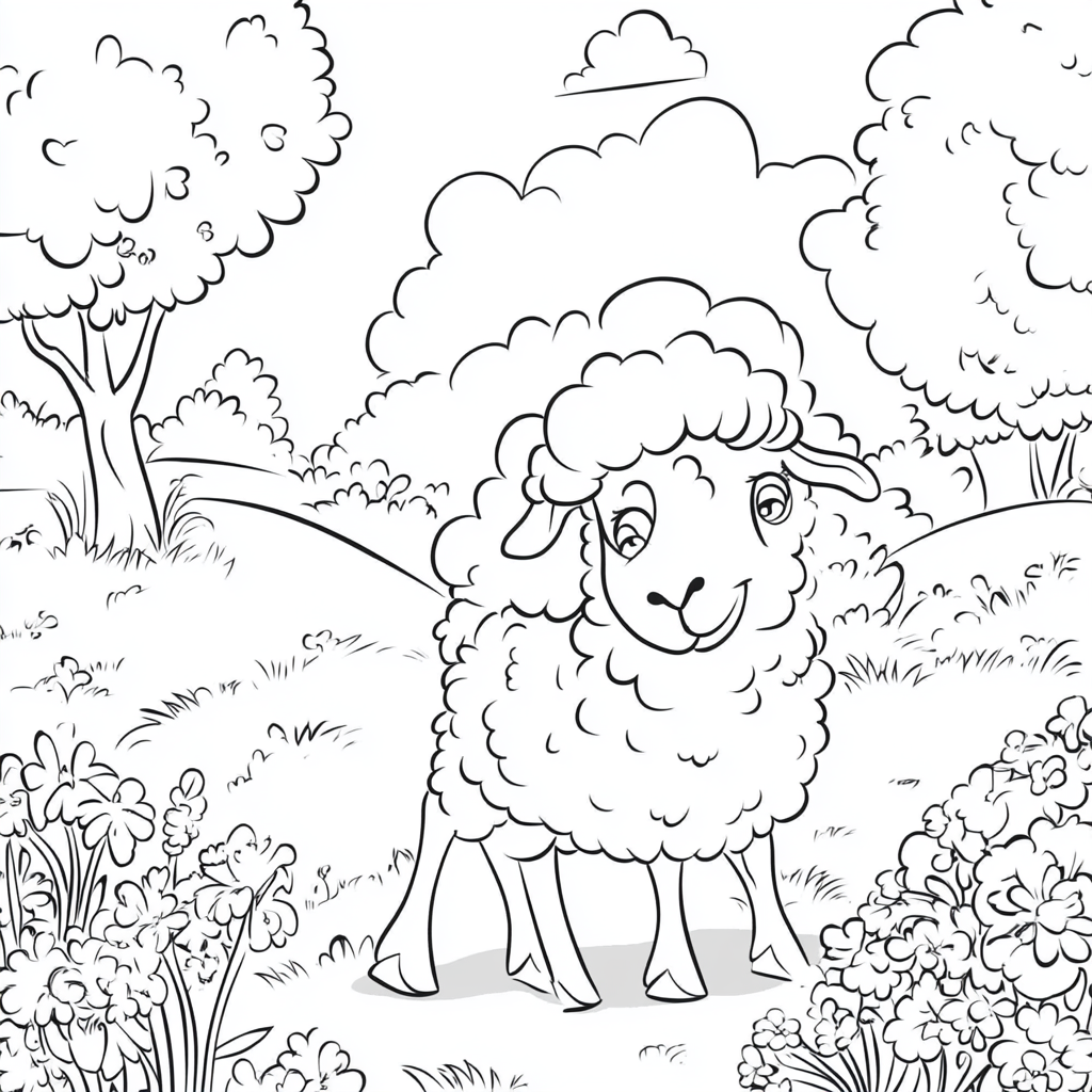 Happy sheep standing in garden, looking at camera in Disney cartoon style.