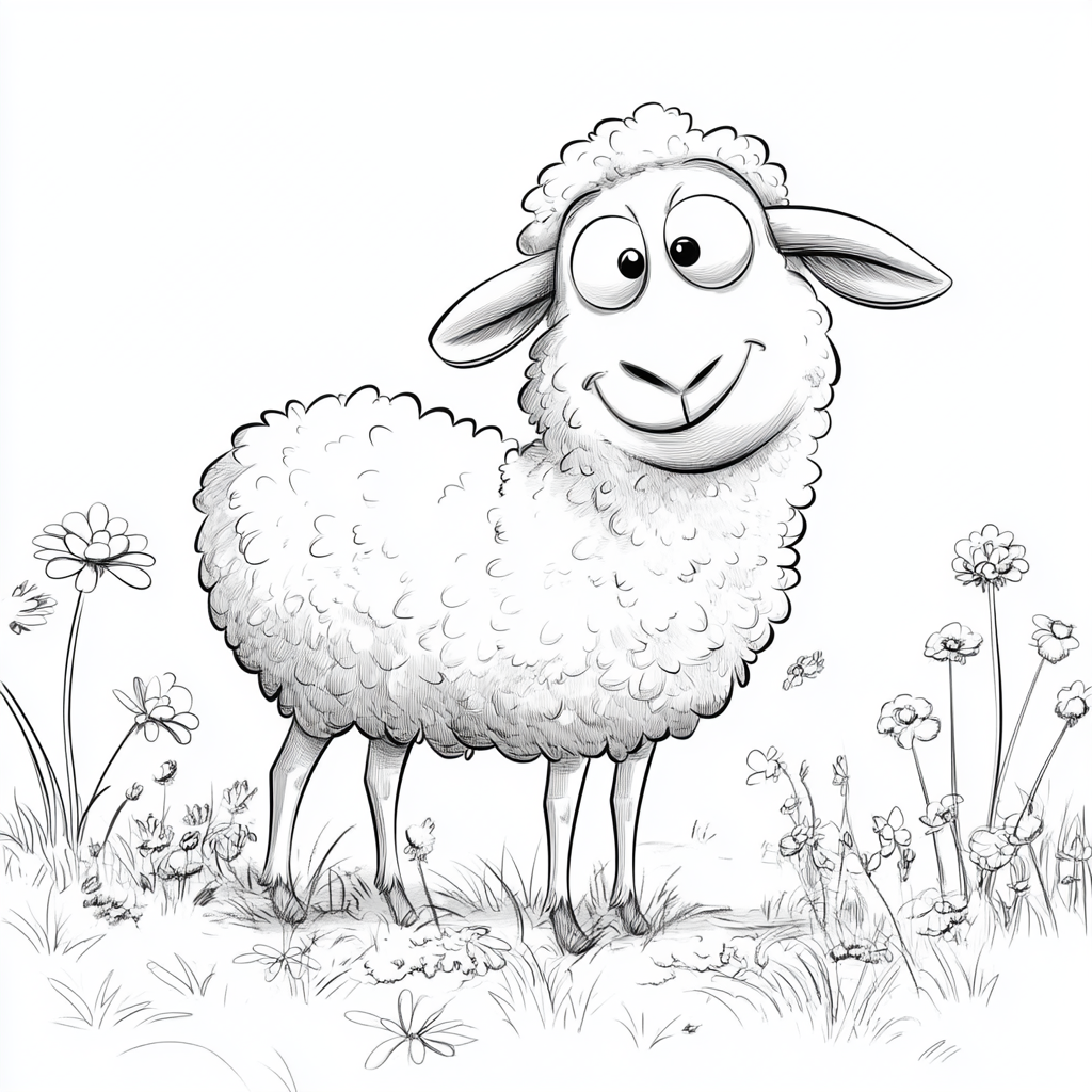 Happy sheep standing in garden for coloring illustration.