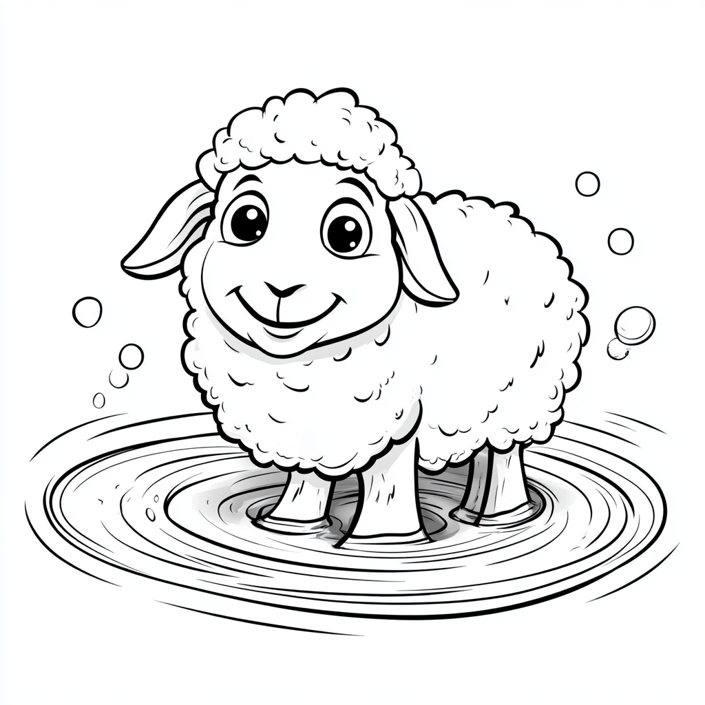 Happy sheep swimming in whirlpool, looking at camera.