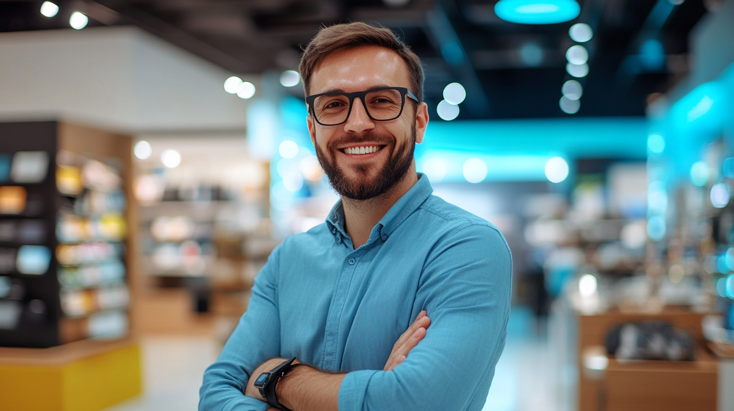 Happy small business owner in tech store. Advertising photo.