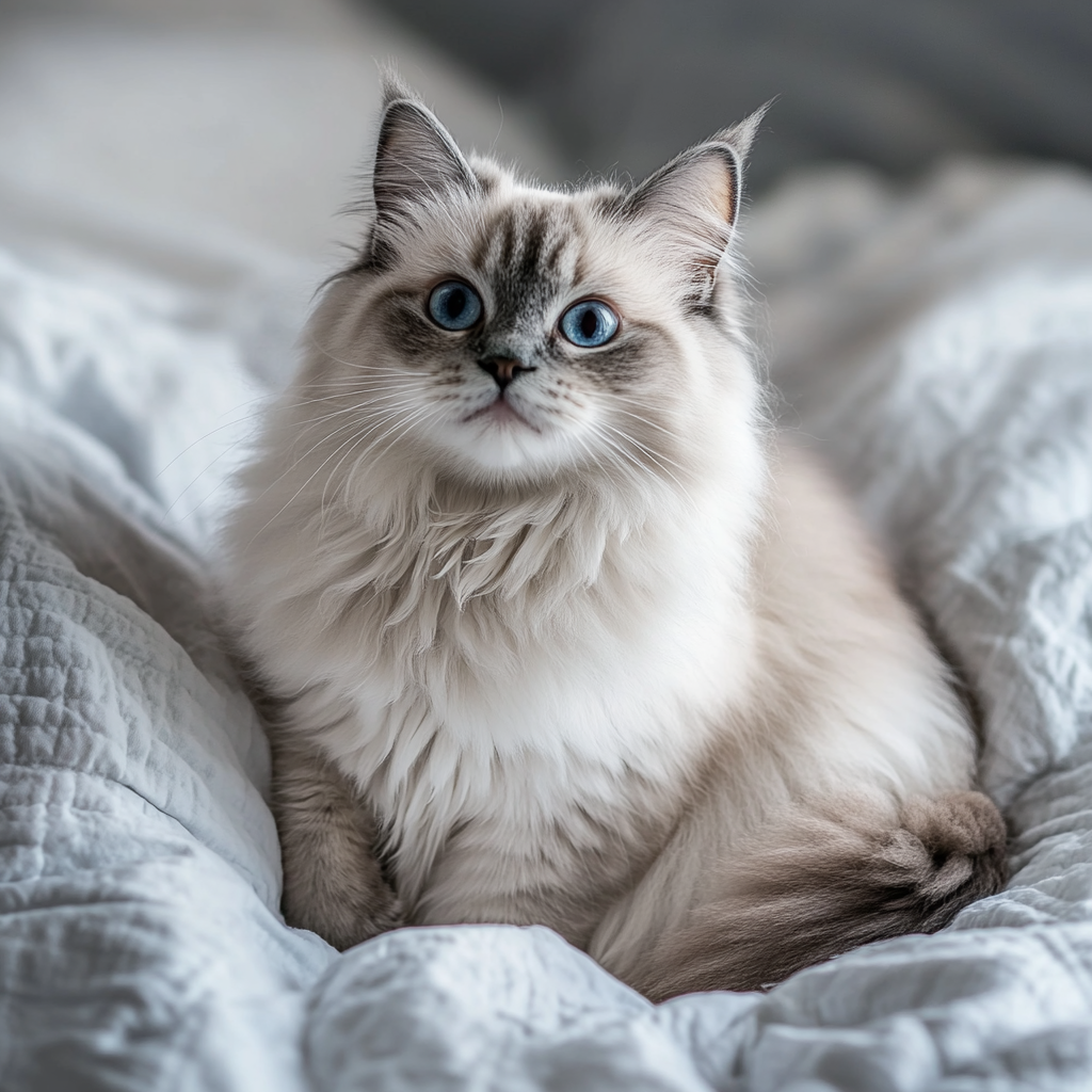 Happy smiling cat with big eyes sitting on bed.