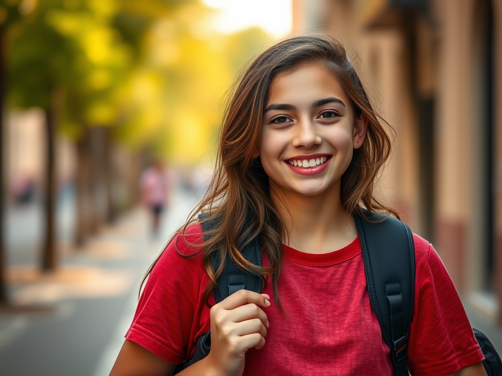 Happy student with backpack holding Sony A7III camera.