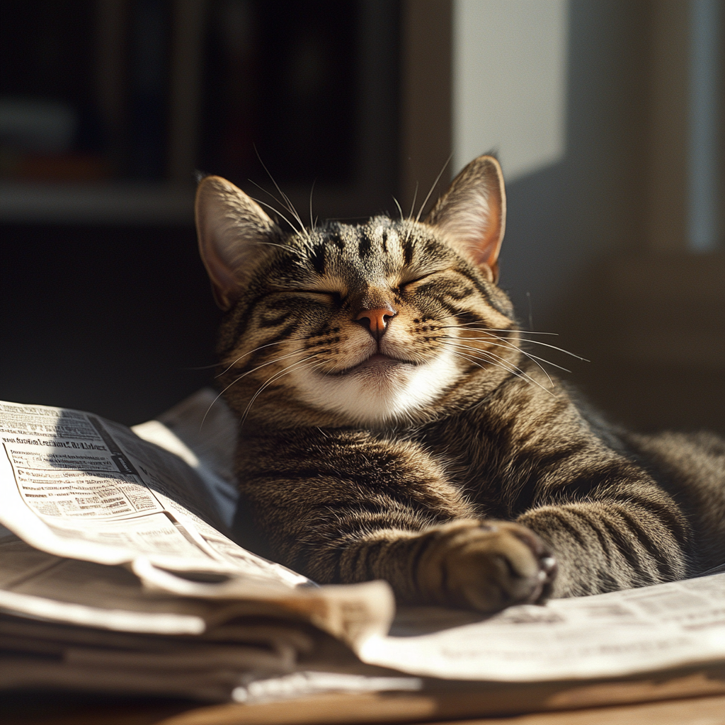 Happy tabby cat on journalist's desk with newspapers and flashlights