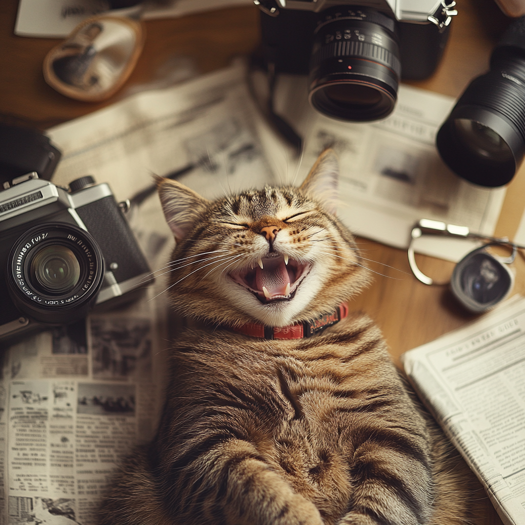 Happy tabby cat on journalist's desktop with equipment and tools