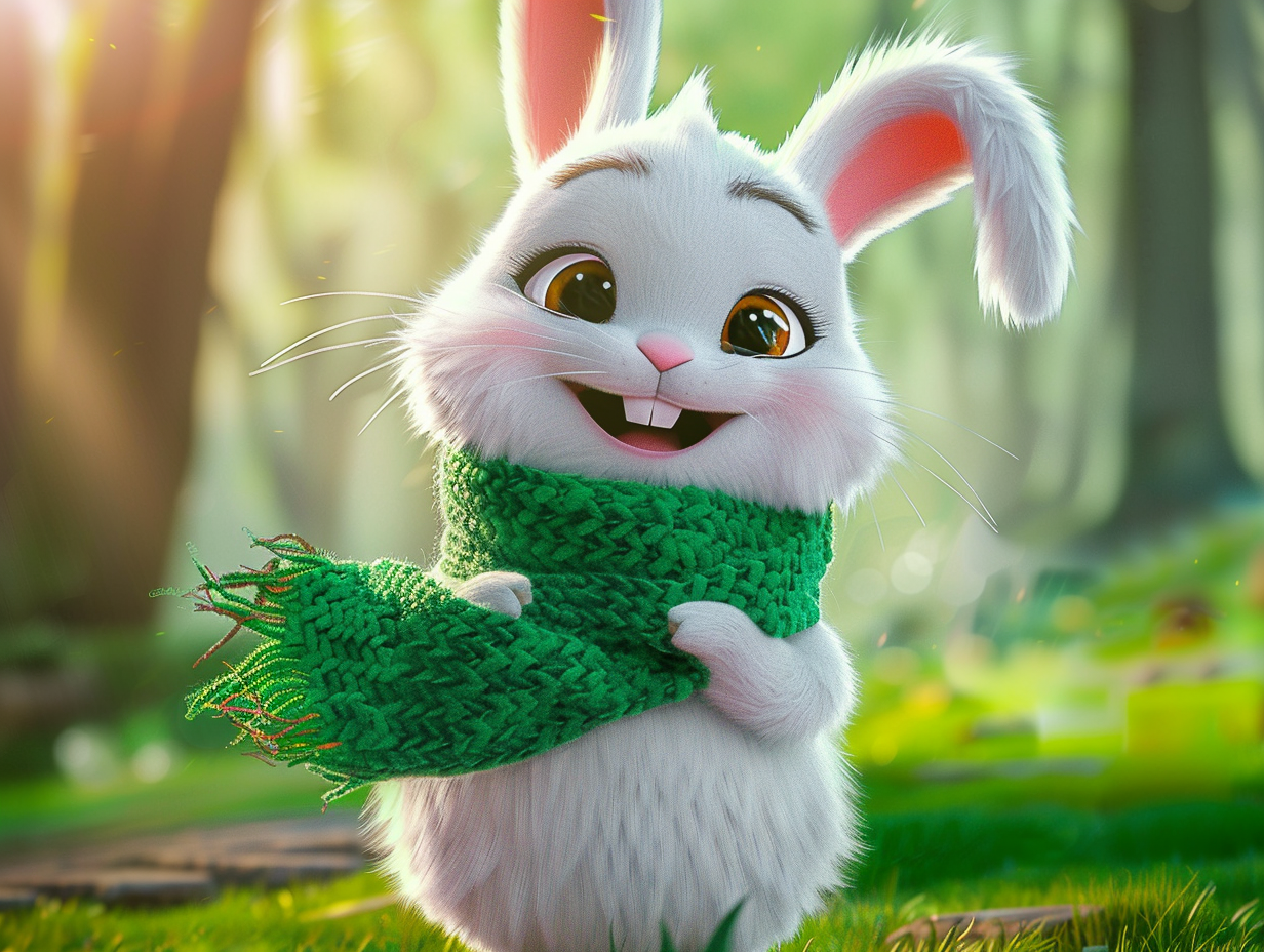 Happy white rabbit in green scarf with friends at home.