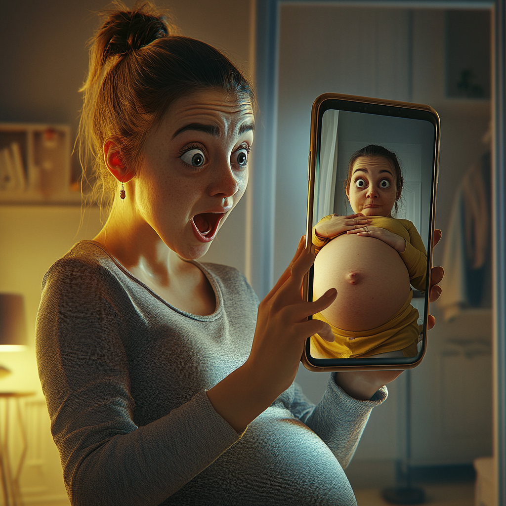 Happy woman sees pregnant reflection on smartphone screen.