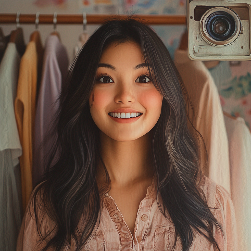 Happy woman standing by clothes, looking surprised