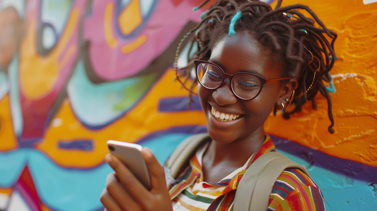 Happy young Afro-African men and women on cell phone.